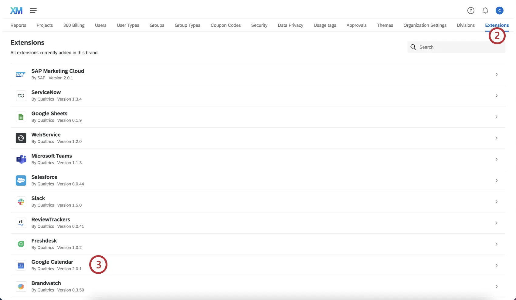 List of extensions with #3 next to Google Calendar extension.