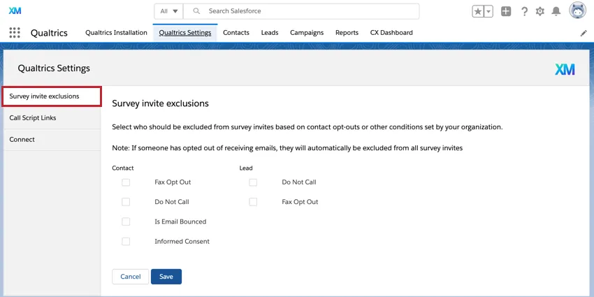 the survey invite exclusions tab of the qualtrics salesforce app