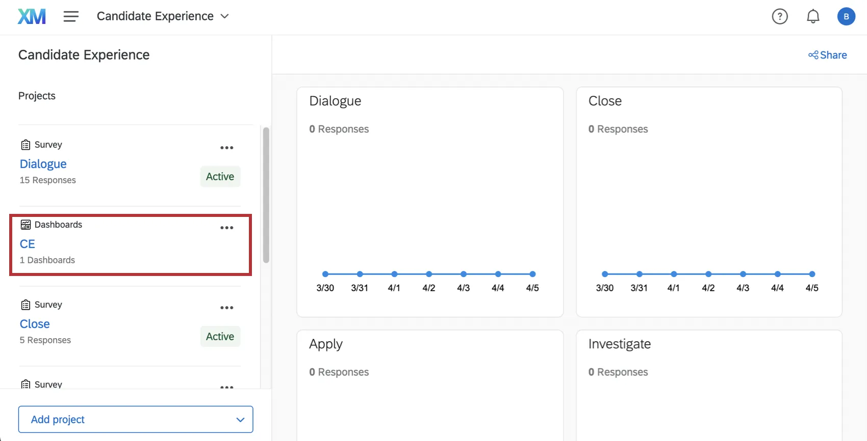 Imagem do programa de experiência do candidato; dashboard selecionado à esquerda
