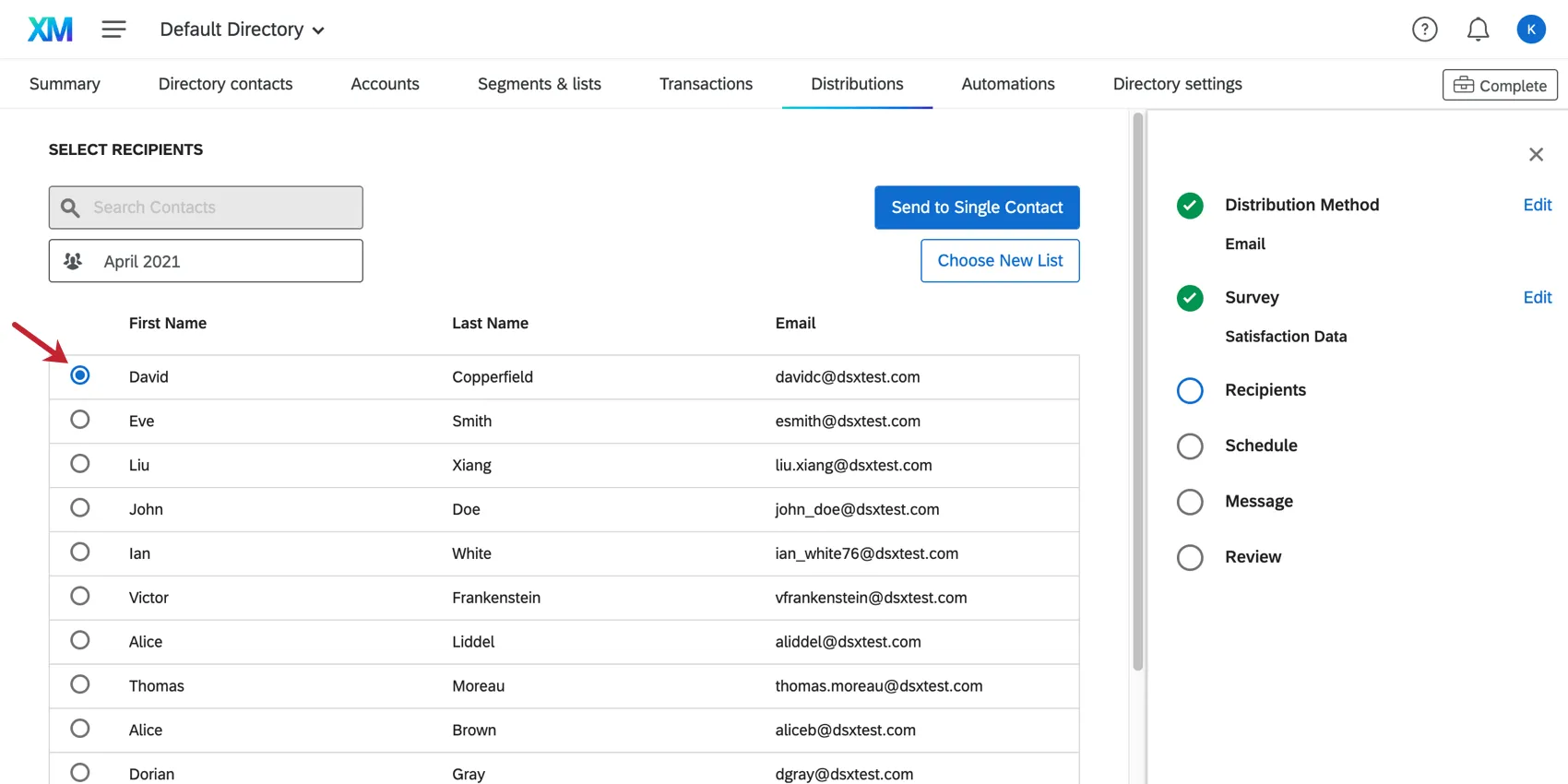 Sélection des contacts