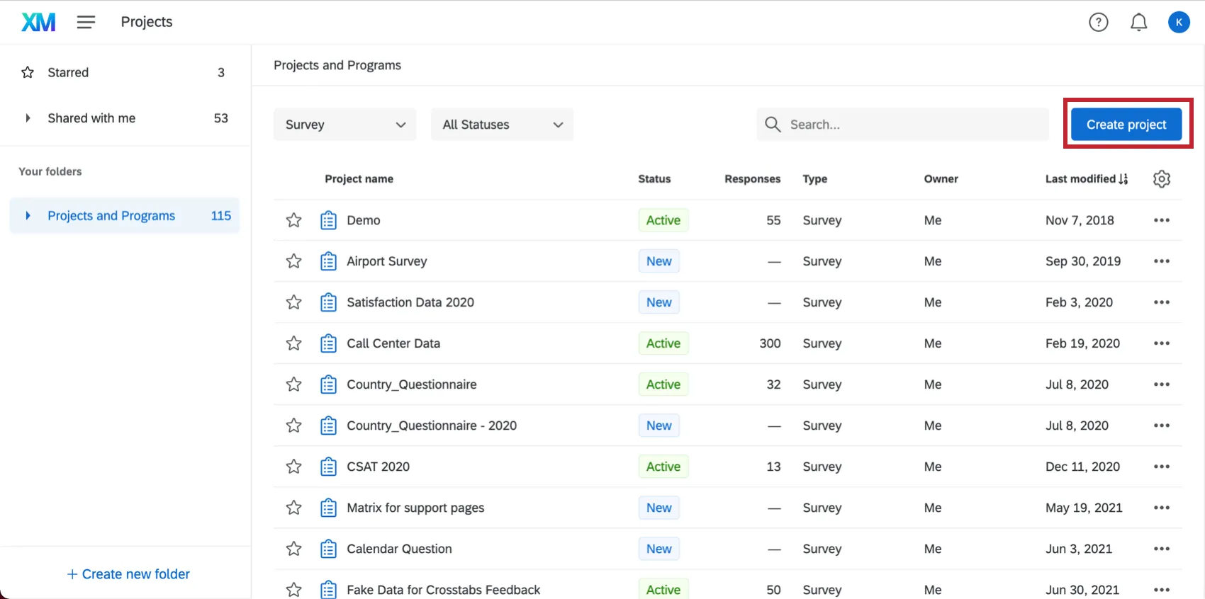 Picture of button in upper-right of Projects page