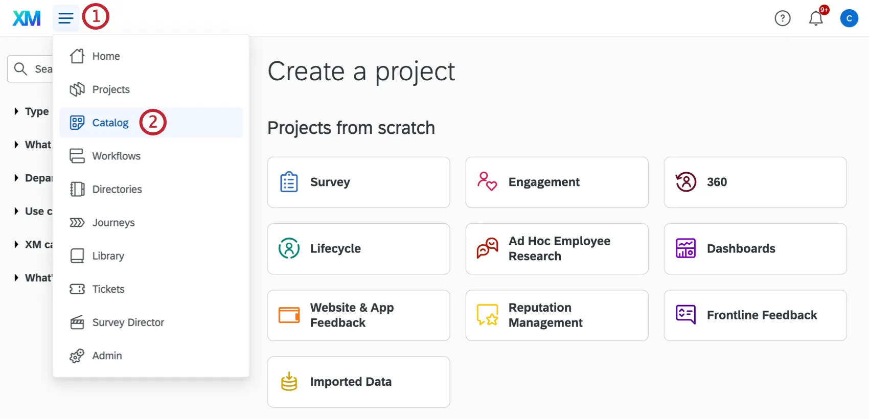 Mostrando el menú de navegación global en la parte superior izquierda y la opción Catálogo, listada en tercer lugar