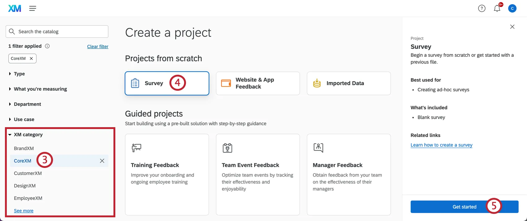 selecting the survey project and clicking get started