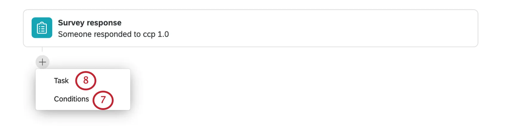 Image of a new action being created - clicking the plus sign, there is a menu with the option for Task and then Conditions