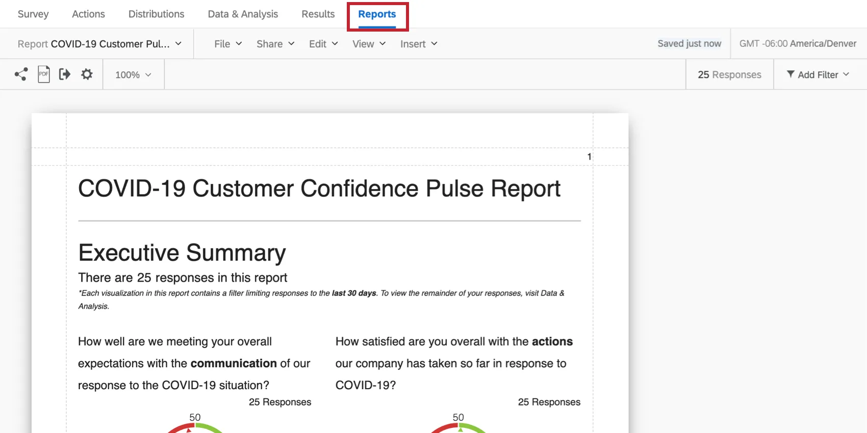 Reports is last tab. Under that, another reports button, to right of Results. Screenshot shows the report