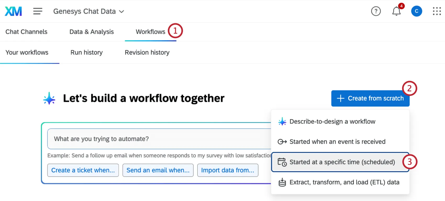 Crear un flujo de trabajo dentro de la pestaña de flujos de trabajo de un proyecto de chat