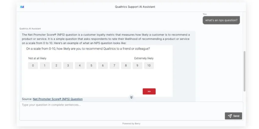 je pose des questions au chatbot sur les NPS. Il me donne une information avec une image et un lien vers Qualtrics