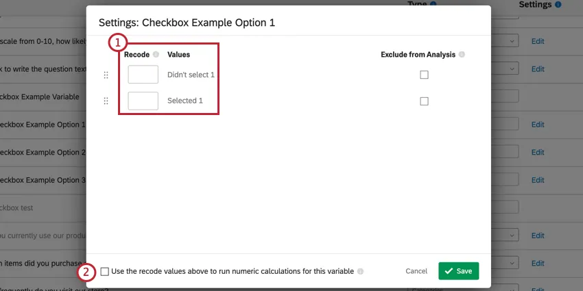 leditor di ricodifica per una variabile checkbox