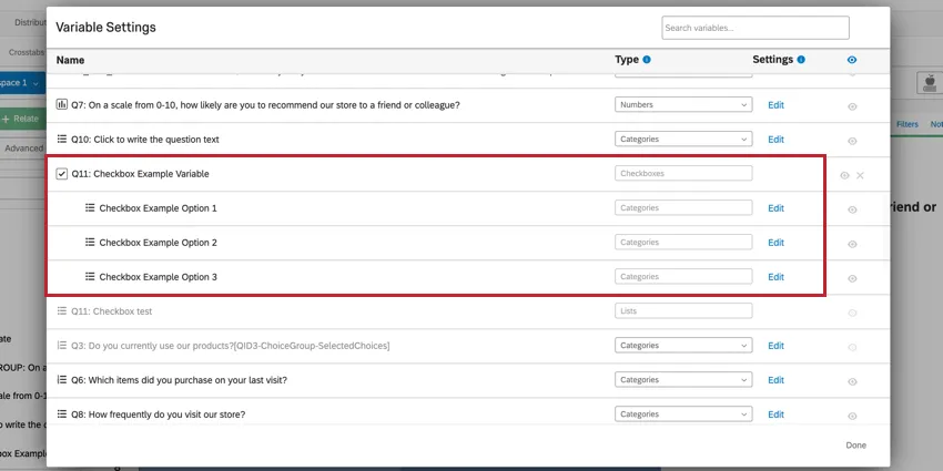 the variable settings page showing a checkbox variable