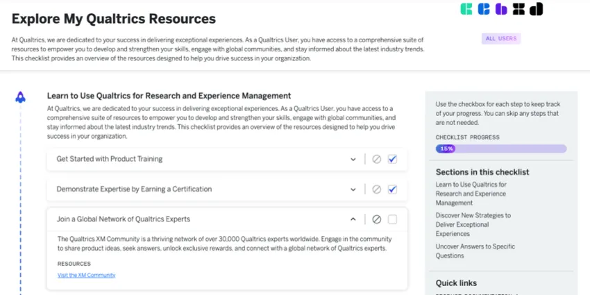Inside a checklist; to the left are checklist items, and on the right is a progress report