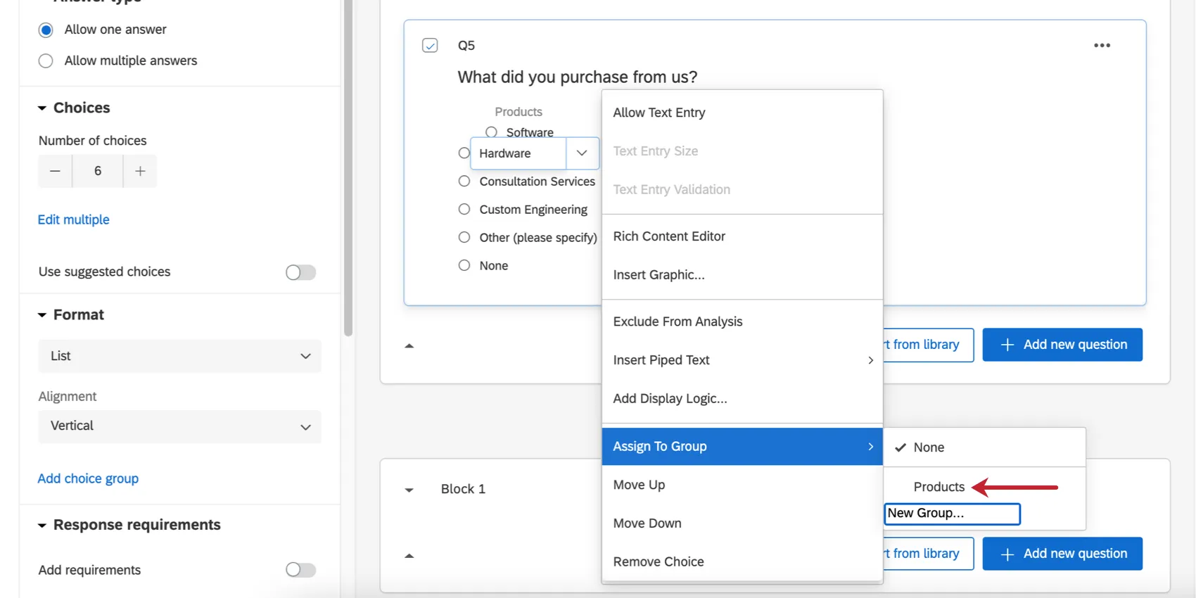 Opening the same series of menus to see Products is now listed as a group, above the field where you can add a new group