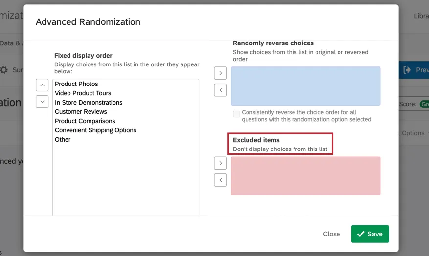 the excluded items section of advanced randomization