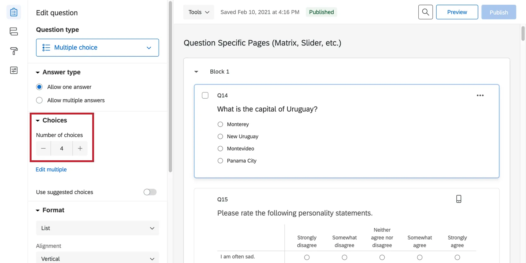 Choices field in the question editing pane is set to 4