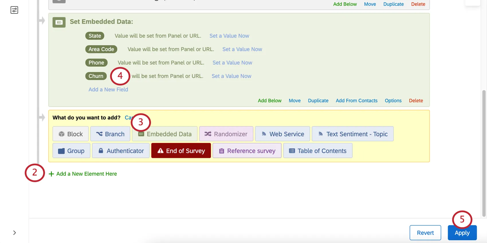 The Survey Flow is opened and an Embedded Data element is being added
