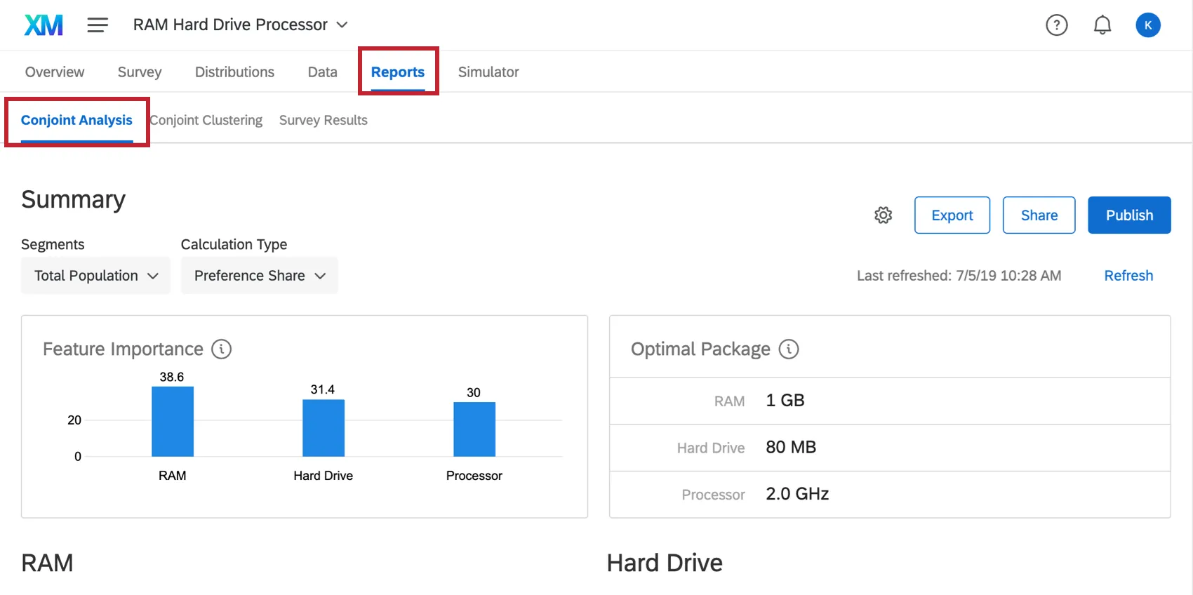 A guia Relatórios é selecionada na parte superior e, abaixo dela, é selecionada análise conjunta