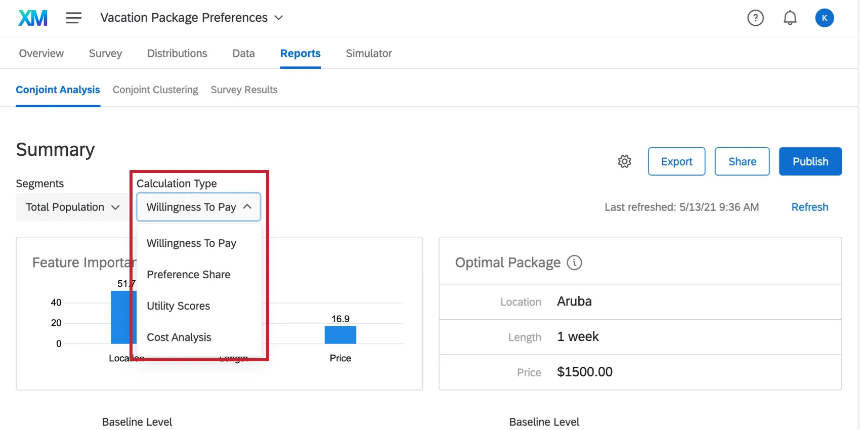 Calculation type dropdown in upper-left