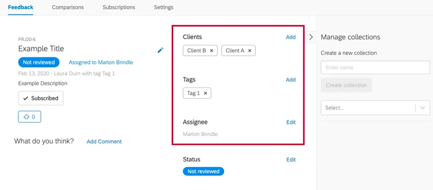 a seção de clientes e tags de uma solicitação de feedback