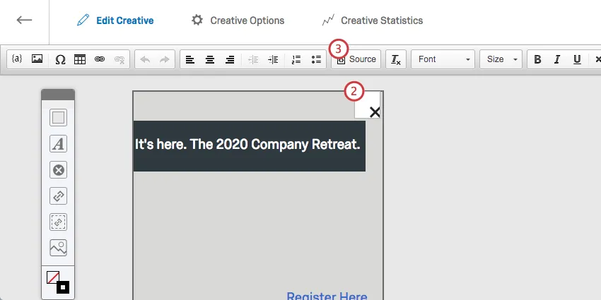 The close button in the Creative editor is double clicked, revealing a new toolbar up top with a Source button in it