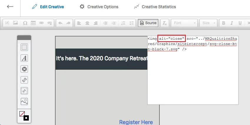 Une balise alt égale au mot Close a été ajoutée à la balise img à lintérieur de la source