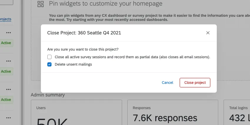 Close project confirmation window