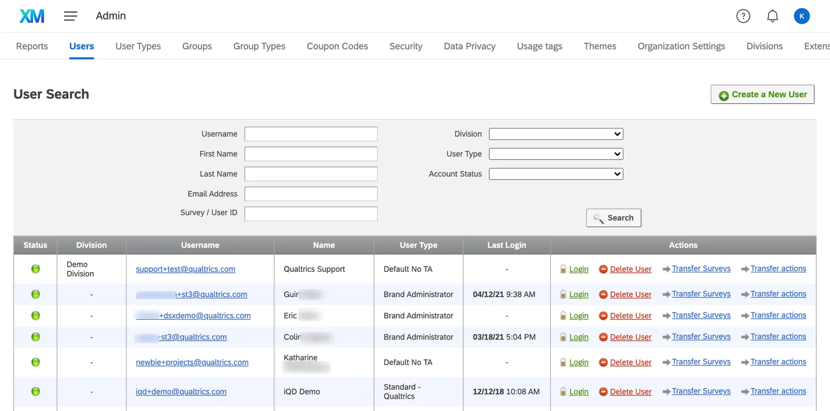 Users tab of the admin page. Shows filter/search for finding users and a list of users in the brand, who you can click to edit