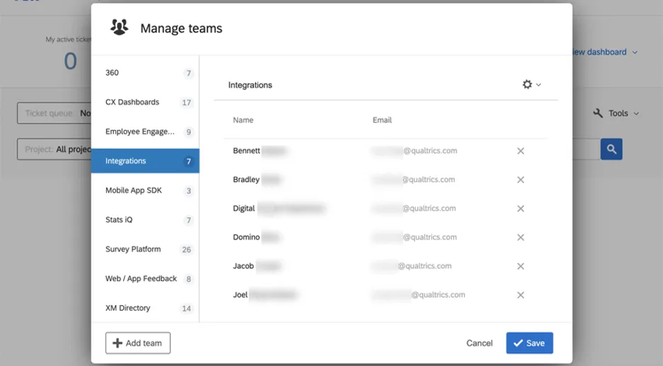 Modifica dei team di creazione ticket in un menu nella pagina di follow-up