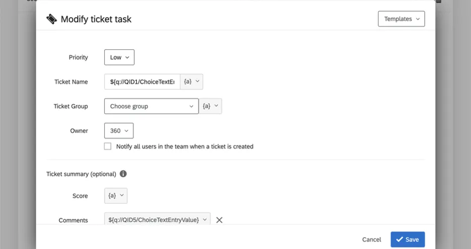 Ticket tas window with settings filled in