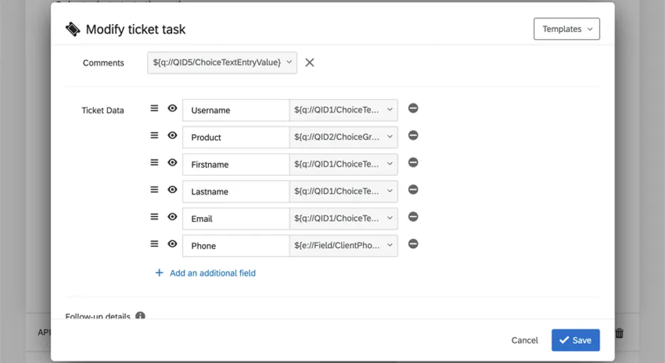 Al configurar una tarea de ticket , se genera una lista de toneladas de datos de ticket que se extraerán de la encuesta.