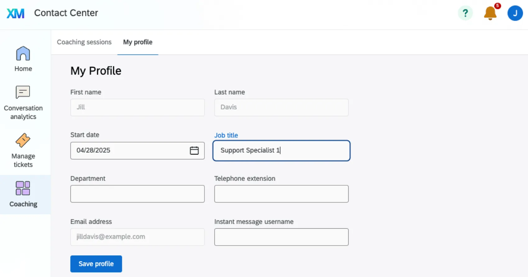 "my profile" section of the customer care app for an agent