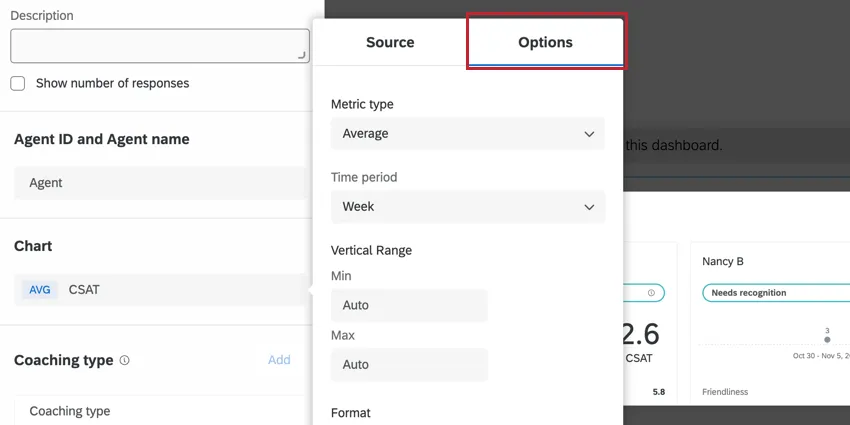 the options tab for the chart source