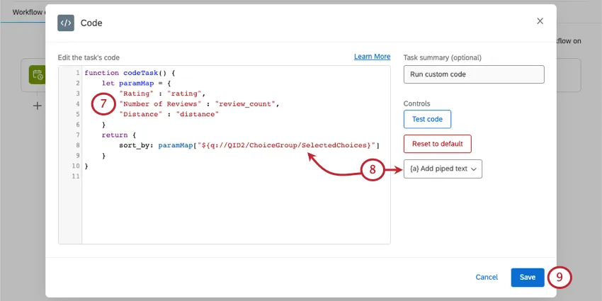 inserting piped text into the code task