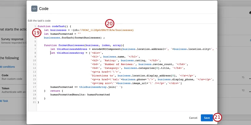 a code task, transforming the json from the webservice into html