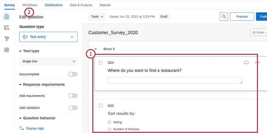 creating the survey and navigating to workflows