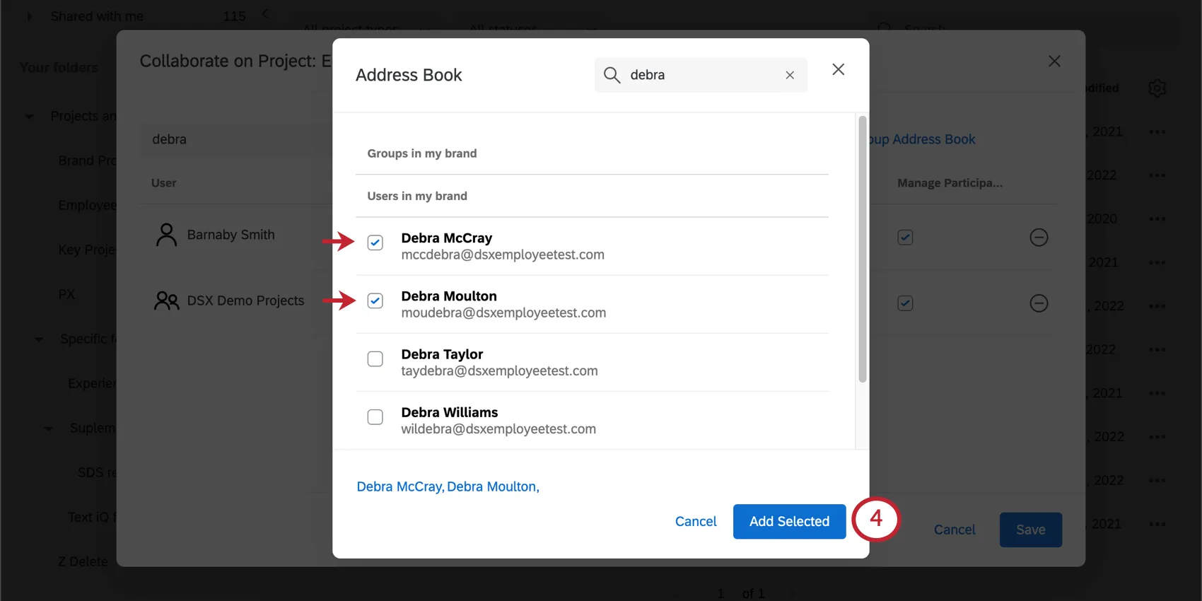Overview of the Address Book with Groups and Users listed and the Add Selected button