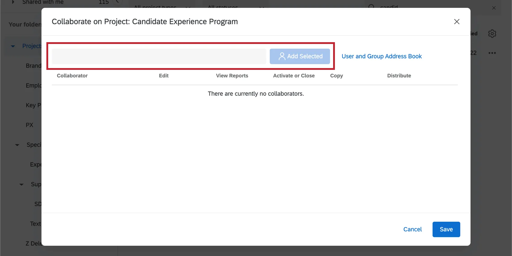 E-mail inserita nella casella di testo Condividi menu progetto con il pulsante Aggiungi