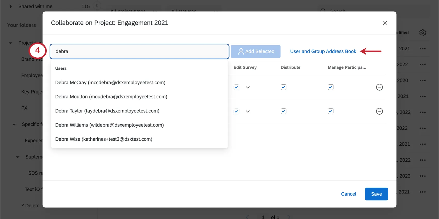 the user and group address book option when sharing a project