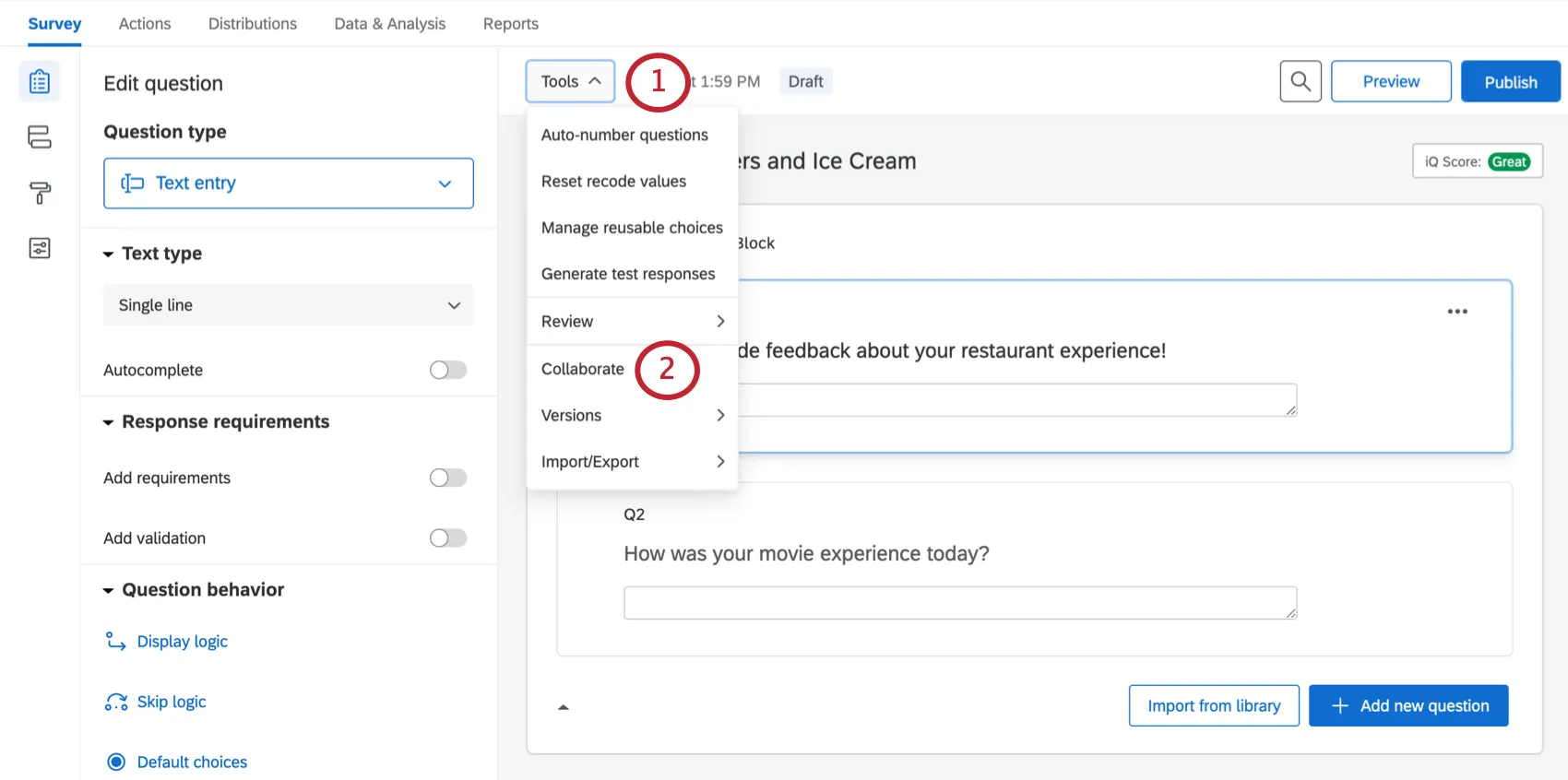 Abra el menú de herramientas y busque la opción Colaborar dos abajo
