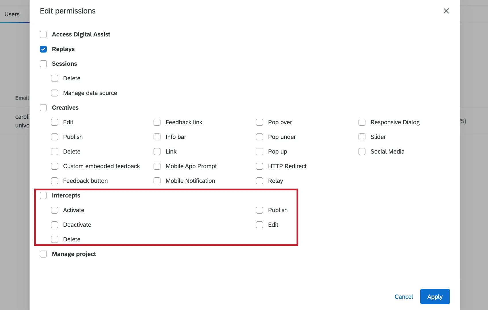 A Project User and their permissions. Under the Intercepts column, the Details are expanded to Activate, Deactivate, Delete, Publish, or Edit.