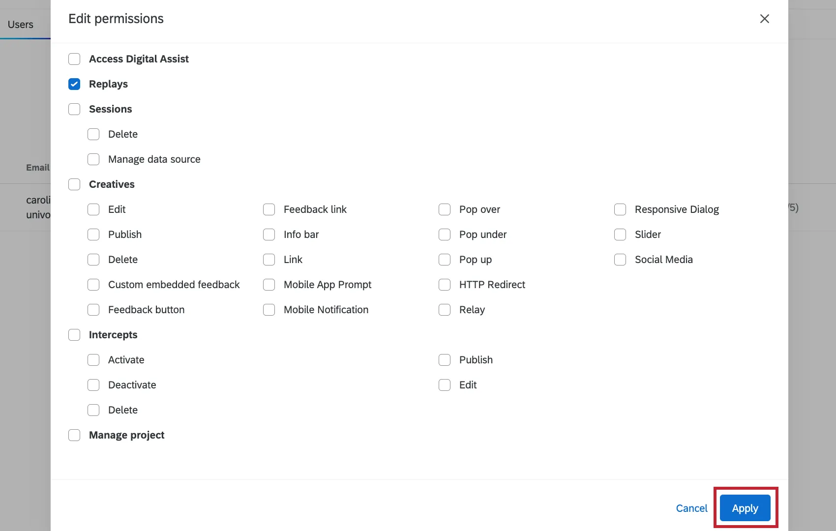 "Apply" button to save permissions