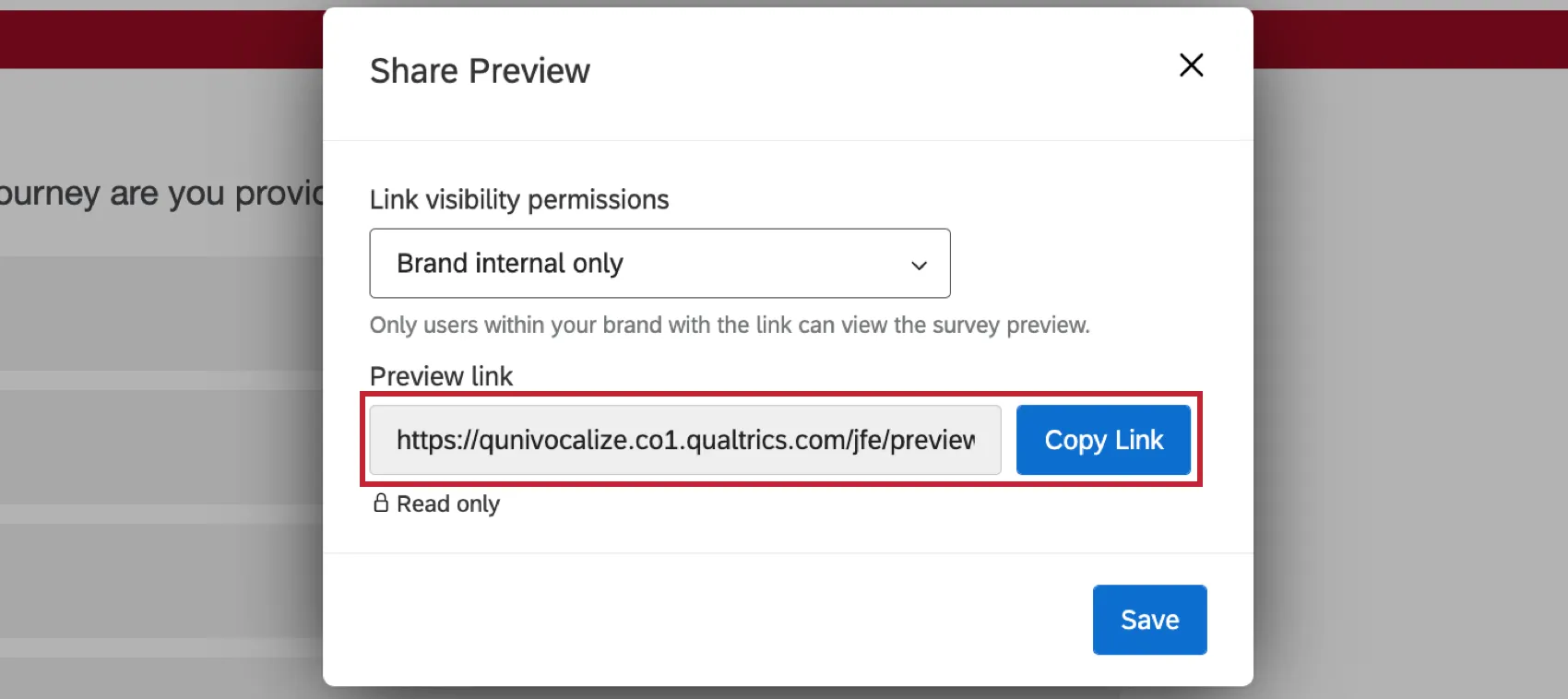Copy button for sharing the preview link