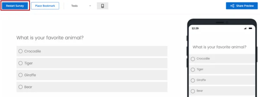 Blue Restart Survey button on upper-left
