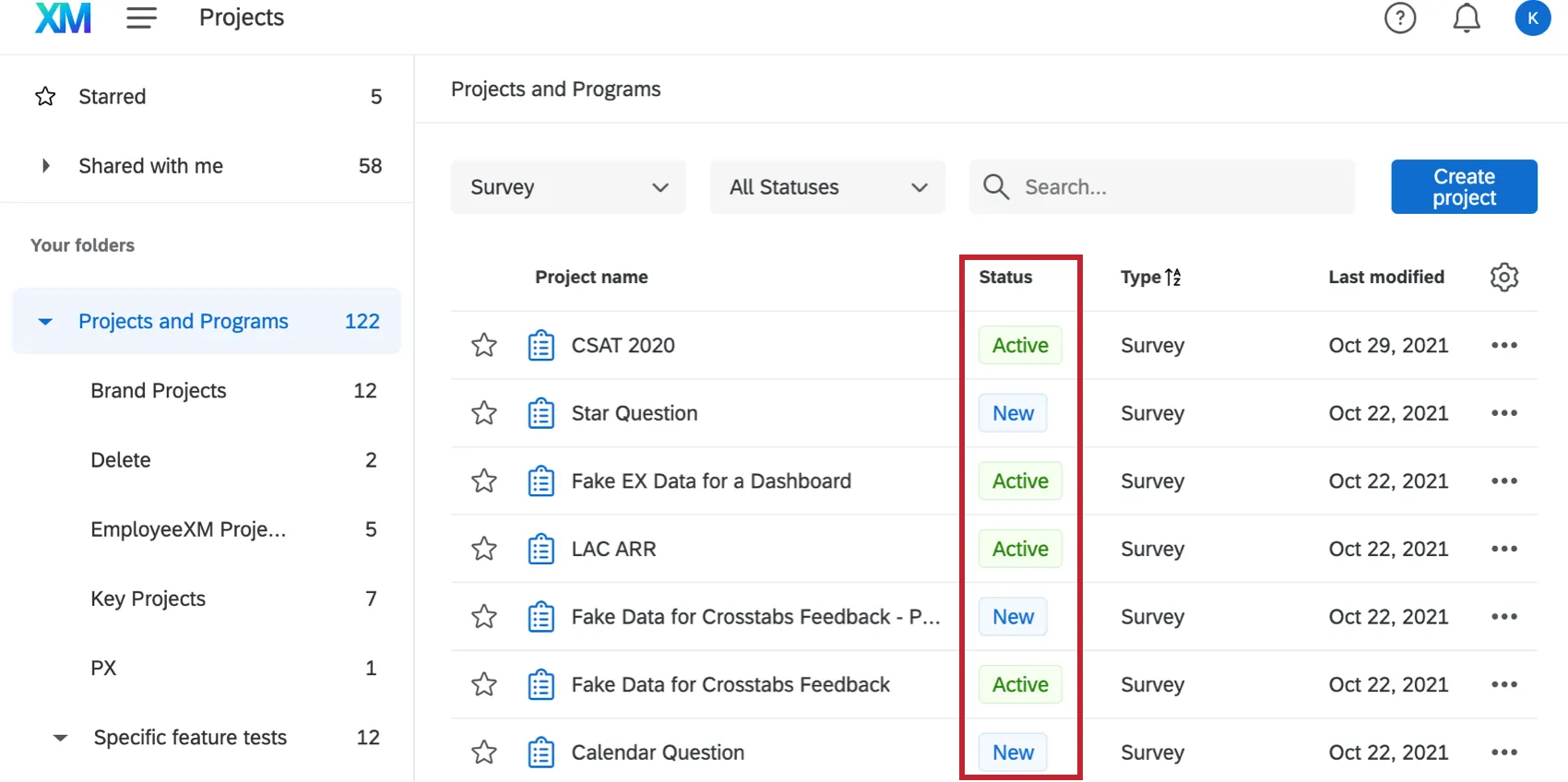 the projects page. the status column for projects is highlighted