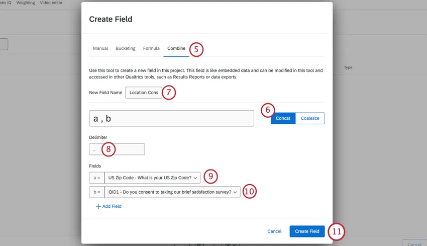 Eine Kombinationsvariable, die auf „concat“ gesetzt ist. Komma ist das Trennzeichen, und die ausgewählten Felder sind Breitengrad und Längengrad.