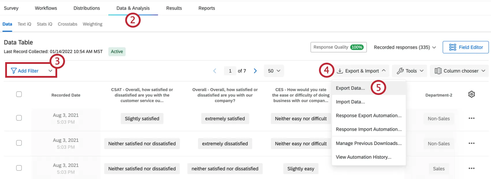 Export and Import dropdown with Export Data option in upper righthand corner