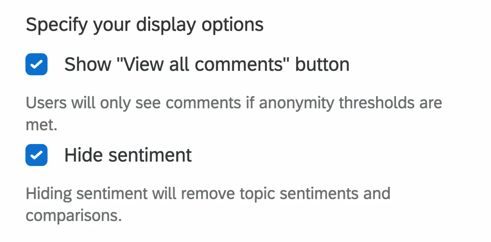 the display options for a comment summaries widget