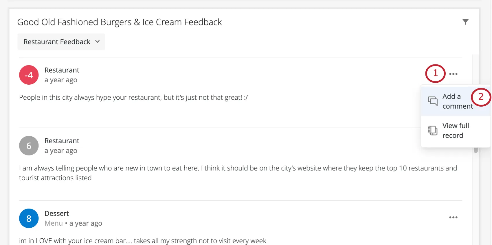 Picture of dropdown expanded next to a response on the ticker widget; open for add a comment is highlighted