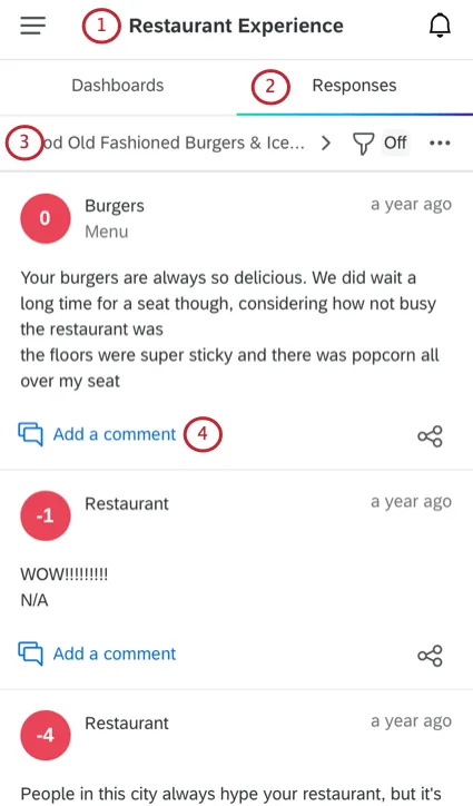Bild der mobilen App, das eine Antwort in der App anzeigt, in der eine Drucktaste zum Hinzufügen von Kommentaren vorhanden ist