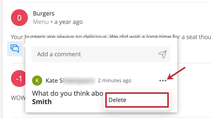 Picture of a comment expanded, three dots dropdown expands to show a delete button