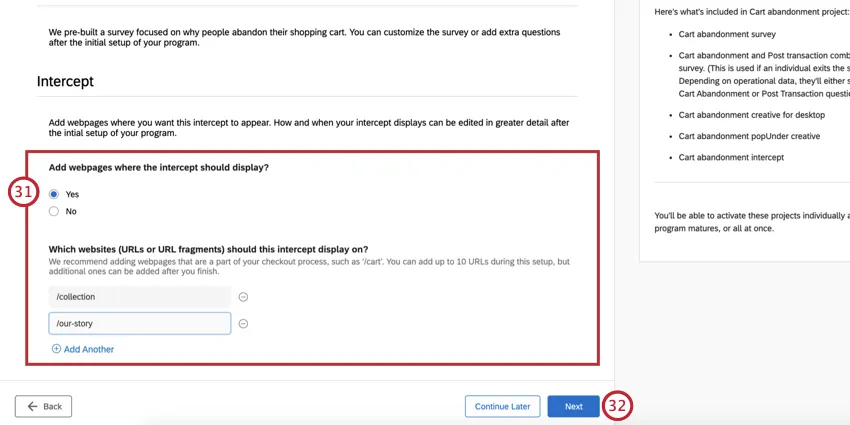 Configuración de la Encuesta sobre el abandono del carrito de compras