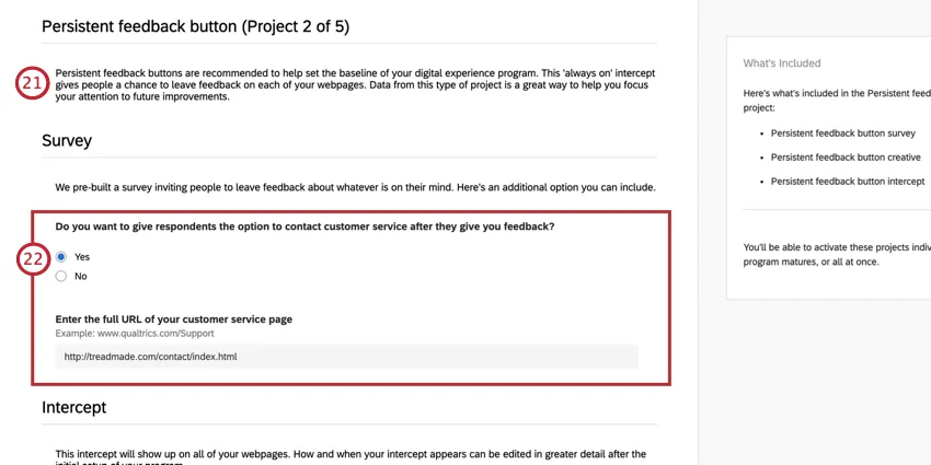 Persistnet feedback button, survey settings